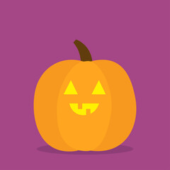 Pumpkin. Happy Halloween. Funny creepy scary smiling face. Glowing eyes. Cute cartoon kawaii baby character. Yellow candle light. Greeting card. Flat design. Violet background. Isolated.