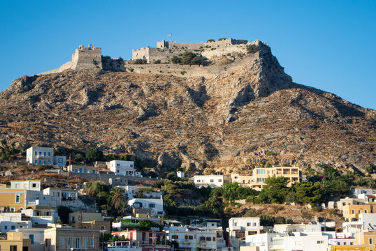 Beautiful Leros island, Greece The historic castle high on a rocky hillside. Landscape aspect shot.