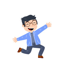 Little boy with glasses run. Happy smart child waves his hands. Cute Character in blue clothes. Flat cartoon