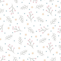 Christmas, New Year, holidays seamless pattern with painted twigs on a transparent background. Winter texture for printing, paper, design, fabric, decor, gift, food packaging, backgrounds.