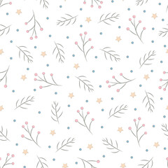 Christmas, New Year, holidays seamless pattern with painted twigs on a transparent background. Winter texture for printing, paper, design, fabric, decor, gift, food packaging, backgrounds.
