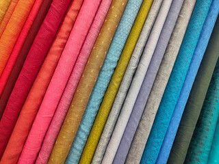 Colored Cloth fabrics close up in Shop, Materials for sewing, display at a local market in India