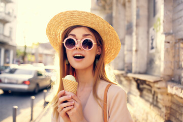 attractive woman outdoor walk eat ice cream walk travel Lifestyle