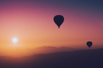 heteluchtballonsilhouetten met opkomende zon boven de bergen