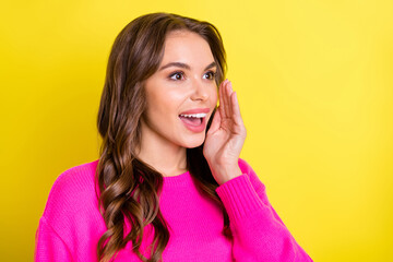 Photo of charming funky woman wear pink sweater arm mouth making announcement isolated yellow color background