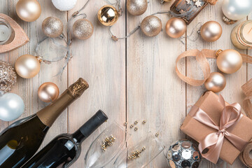 Champagne and wine on a Christmas background.
