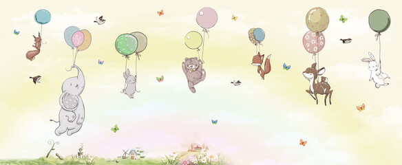 Different animals soaring on balloons against the background of the sky, children's room design