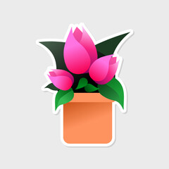 Three pink tulips in a clay pot with green leaves vector sticker. Use for your flower shop, botany class, spring sales and Mother's Day gifts.