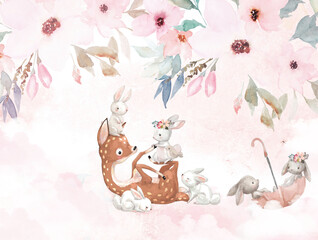 fawn playing with rabbits on a background of flowers, children's room design