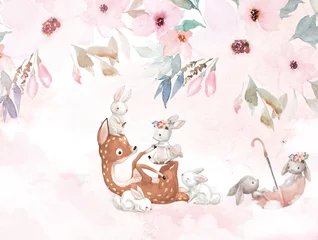 Fototapeten fawn playing with rabbits on a background of flowers, children's room design © Сергей Орлов