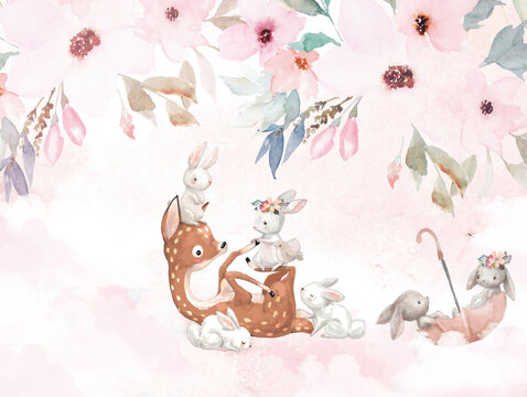 Fototapeta fawn playing with rabbits on a background of flowers, children's room design