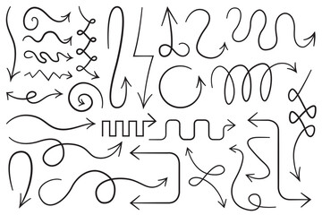 Obraz premium black curved arrows set. Collection of flat swirl arrows. Outline arrow illustrations, with swirled and twirled linear designed pointers and cursors isolated on white background.