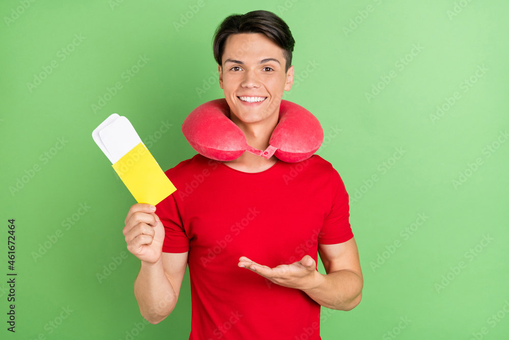 Canvas Prints photo of young guy happy positive smile trip air flight passenger passport tickets isolated over gre