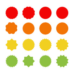 A set of sixteen different starburst sunburst icons in four bright colors on a white background, an empty sign with an inscription, vector graphics