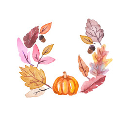 Seth autumn leaves and pumpkin watercolor. Hand-drawn autumn multicolored leaves. Leaves on an isolated background. Illustration of dry leaves in watercolor. Halloween card. Watercolor autumn wreath.
