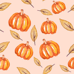 halloween pumpkin seamless pattern. Seamless pattern with autumn leaves and pumpkin watercolor. Hand-drawn autumn multicolored leaves. Dry leaves and pumpkin pattern in watercolor. Halloween packaging
