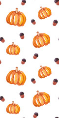 Watercolor pumpkins and acorns seamless pattern. Hand-drawn pumpkin and acorns. Autumn pattern. Pattern in warm colors on a white background.