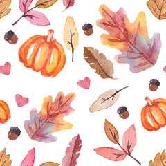 Seamless pattern with autumn leaves, acorns and pumpkin in watercolor. Hand-drawn autumn multicolored leaves. Dry leaves, acorns, heart and pumpkin pattern in watercolor. Halloween packaging. Autumn .