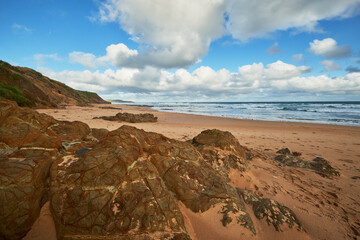Scenic view of a sandy beach landscape with volcanic rocks in the foreground and ocean in the background, cloudy blue sky above the horizon at Phillip Island, Australia.
