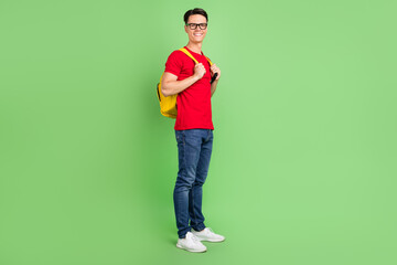 Fototapeta na wymiar Full size profile side photo of young guy happy smile hold backpack student college isolated over green color background