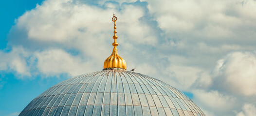 Fototapeta na wymiar A seagull standing on the dome of mosque in front of cloudy blue sky in Istanbul. Golden islamic symbol Alem on the dome.