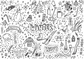 Winter vector hand drawn doodles set