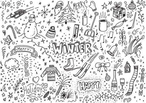 Winter vector hand drawn doodles set