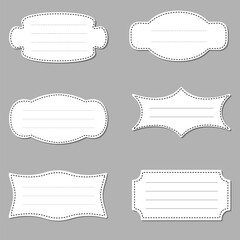 A set of white blank frames with lines for writing text, isolated on a gray background, vector illustration, sticker template