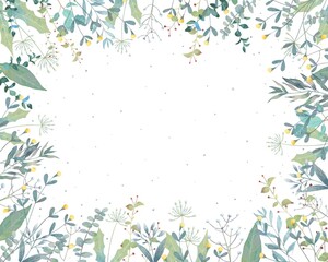 Obraz na płótnie Canvas 雪の降る冬の北欧風オシャレな植物の白バックフレームイラストベクター素材