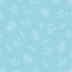 Fototapeta na wymiar Christmas, New Year, holidays seamless pattern with painted twigs, stars and snowflakes on a blue background. Winter texture for printing, paper, design, fabric, decor, food packaging, backgrounds.