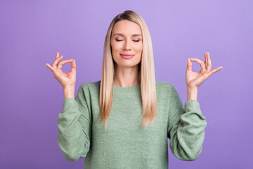 Photo of young lady meditate dream asana keep calm yoga zen balance isolated over purple color background