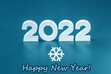 Volumetric white numbers 2021 on a cold background as a sketch for New Year's cards and congratulations.The text "Happy New Year!" Decorative snowflake.