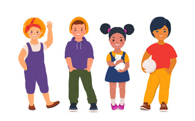 Group of smiling boys and girls in casual clothes and in different poses. Positive emotions. Vector illustration in cartoon style