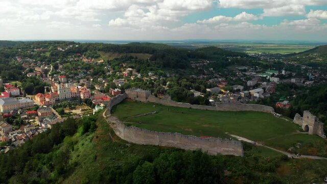 13th century Kremenets Castle aerial view. Summer day. The castle was built of limestone on a steep hill. Ternopil Oblast, Ukraine