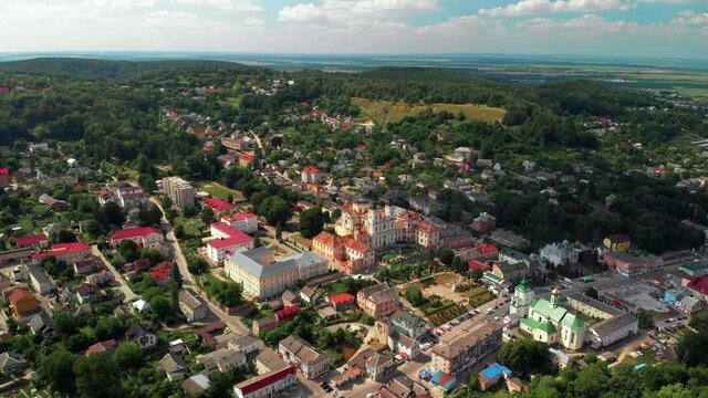 13th century Kremenets Castle aerial view. Summer day. The castle was built of limestone on a steep hill. Ternopil Oblast, Ukraine