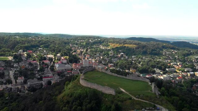 13th century Kremenets Castle aerial view. Summer day. The castle was built of limestone on a steep hill. Ternopil Oblast, Ukraine