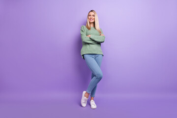 Fototapeta na wymiar Full body photo of young attractive woman folded hands smart casual outfit isolated over violet color background