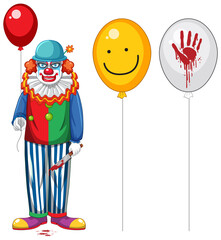 Creepy clown holding balloon on white background