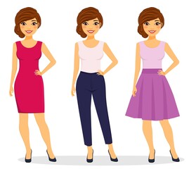 A pretty young girl stands on a white background. Demonstrates different clothes. Flat style on a white background. Cartoon