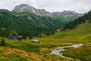 Fototapeta na wymiar wooden alpine huts in a gorgeous green mountain landscape with a wild brook