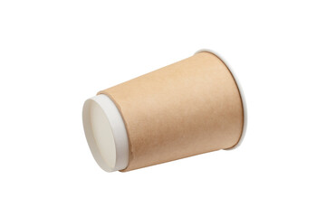Disposable paper cup for hot drinks lying on its side. Isolated on a white background