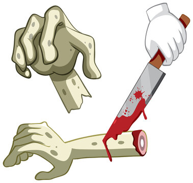 Cut zombie hand with knife on white background