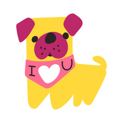 Pug wearing dog bandana. I love you. Illustration on white background.