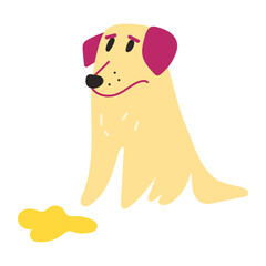 Golden Retriever doing piss spot at home. Bad behavior. Vector illustration on white background.