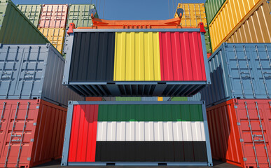 Fototapeta premium Freight containers with United Arab Emirates and Belgium national flags. 3D Rendering 