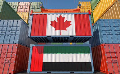 Fototapeta premium Freight containers with United Arab Emirates and Canada national flags. 3D Rendering 
