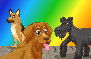 Domestic dogs cartoon character on rainbow gradient background