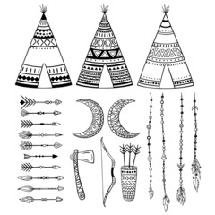 Set of hand-drawn tribal boho design elements. Ethics hand-drawn vector set. - 461676626