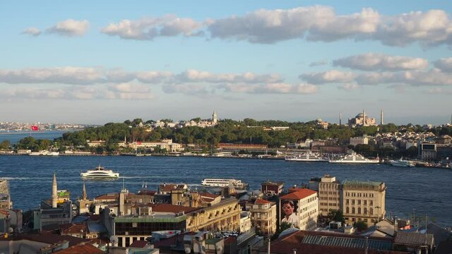 Wide angle footage of Hagia Sophia, Golden Horn and Topkapi Palace as seen from Galata District