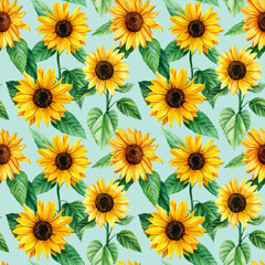 Watercolor sunflowers. Seamless pattern with flowers. Hand drawn illustration for wrapping paper, textile printing.